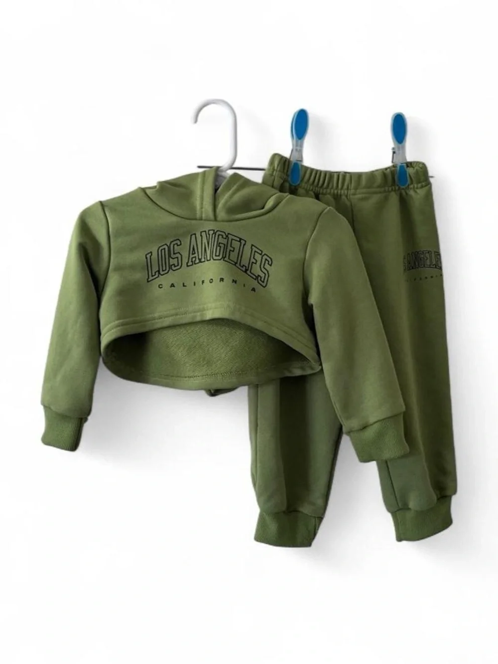 9-12M Girl 2 Piece Set Olive Green Cropped Hoodie Sweatpants